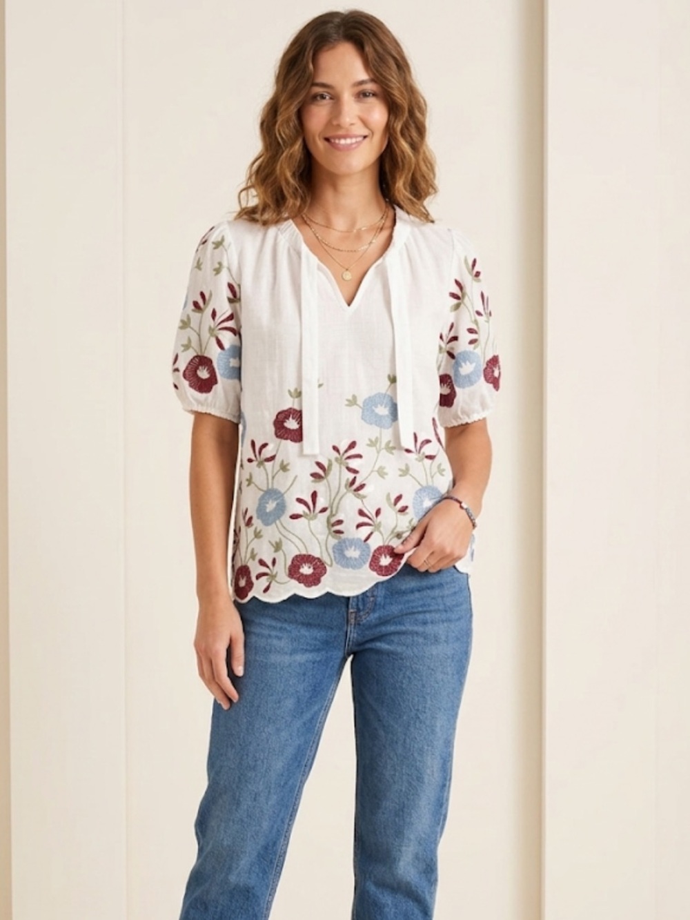 Embroidered White V-Neck Floral Peasant Top